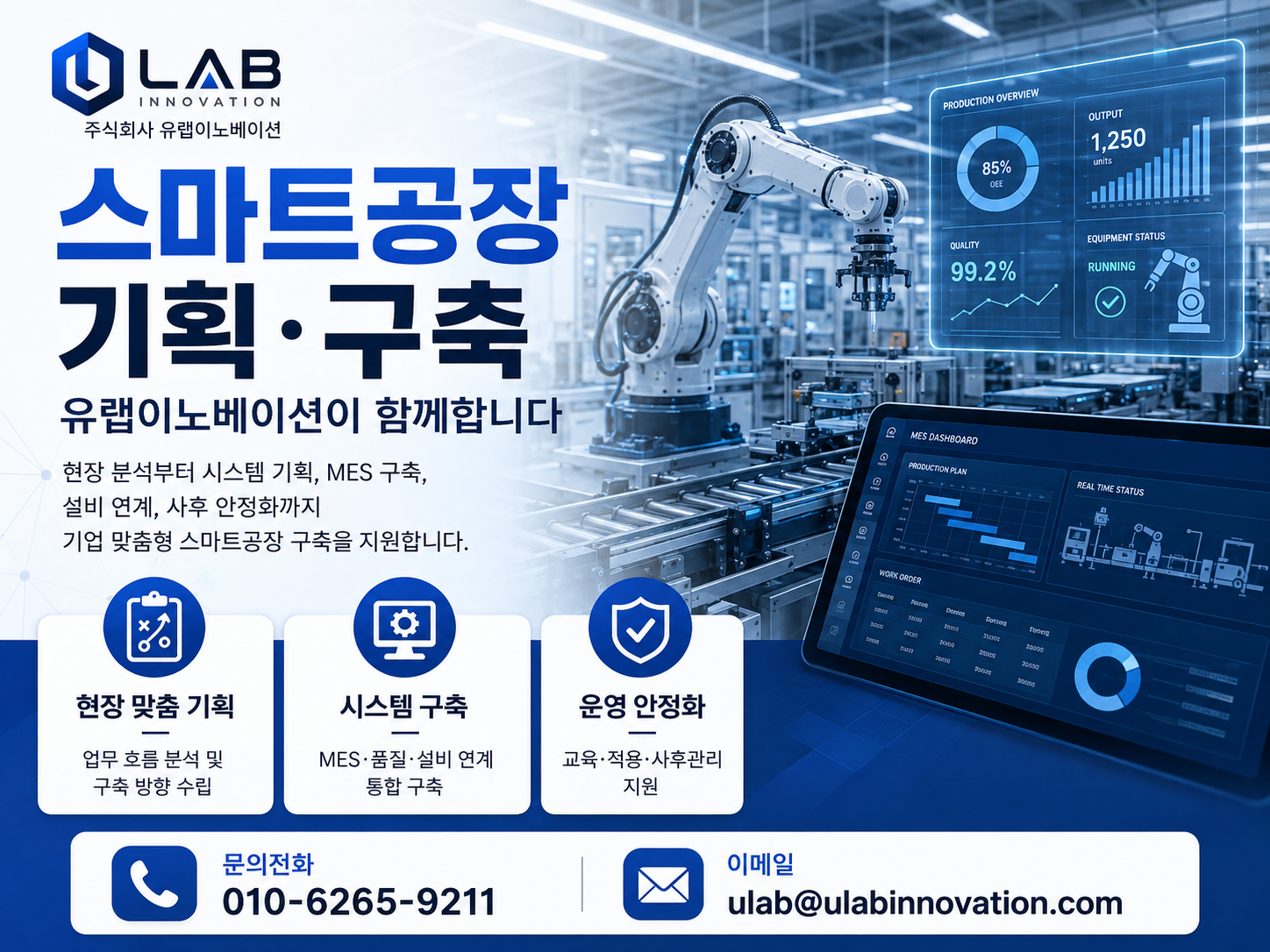 스마트공장 기획·구축 소개 이미지 — 현장 맞춤 기획, 시스템 구축, 운영 안정화